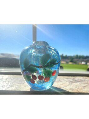 1983 Orient & Flume Handblown Art Glass Vase Paperweight With Cherry Motif Signe